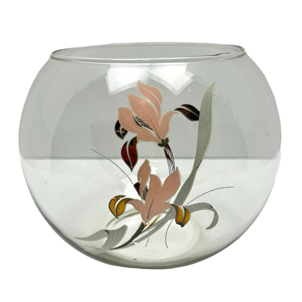 Vintage Clear Glass Fishbowl Decorative Vase with Asian Lotus Flower Design